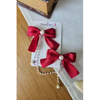 2li İncili Sallantılı Kırmızı Fiyonk Pens Toka Seti - Zarif Kız Çocuk Kurdeleli Fiyonklu Saç Tokası