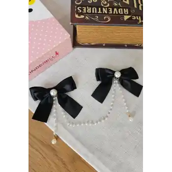 2li İncili Sallantılı Siyah Fiyonk Pens Toka Seti - Zarif Kız Çocuk Kurdeleli Klipsli Saç Tokası