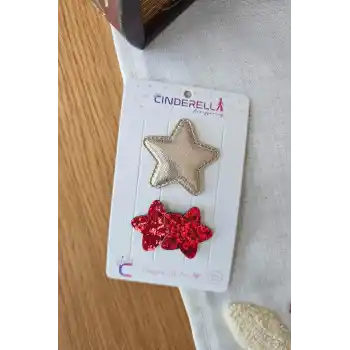 2li Kırmızı Gold Renkli Yıldızlı Yumuşak Saçsız Bebek Tokası - Az Saçlı Kız Bebek Çıt Çıt Toka Seti