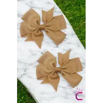 2li Kız Çocuk Grogren Saten Fiyonk Toka Seti Bej Renk - Fiyonklu Kurdele Klips Pens Saç Tokası