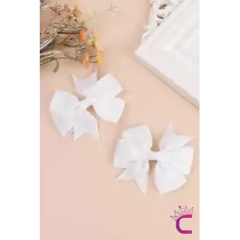 2li Kız Çocuk Grogren Saten Fiyonk Toka Seti Beyaz - Fiyonklu Kurdele Klips Pens Saç Tokası