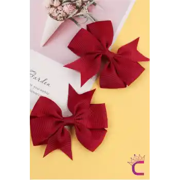 2li Kız Çocuk Grogren Saten Fiyonk Toka Seti Bordo - Fiyonklu Kurdele Klips Pens Saç Tokası