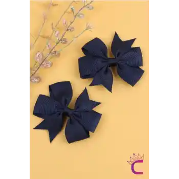 2li Kız Çocuk Grogren Saten Fiyonk Toka Seti Lacivert - Fiyonklu Kurdele Klips Pens Saç Tokası