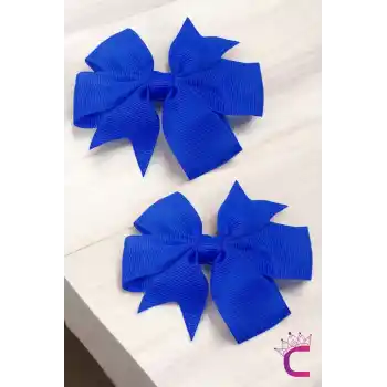 2li Kız Çocuk Grogren Saten Fiyonk Toka Seti Royal Mavi - Fiyonklu Kurdele Klips Pens Saç Tokası
