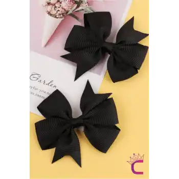 2li Kız Çocuk Grogren Saten Fiyonk Toka Seti Siyah - Fiyonklu Kurdele Klips Pens Saç Tokası