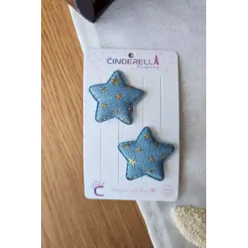 2li Mavi Gold Kumaş Yıldızlı Saçsız Bebek Tokası - Az Saçlı Kız Bebek Çıtçıtlı Yenidoğan Toka Seti