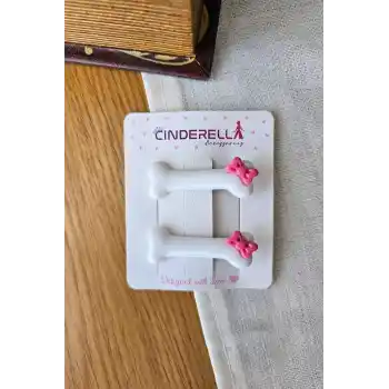 2li Pembe Kurdele Fiyonklu Beyaz Kemik Tasarım Pens Toka - Sevimli Kedi Köpek Tokası Saç Aksesuarı