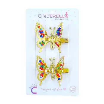 2li Retro Sallanan Kelebek Toka Renkli Boncuklu Gold Metal - Hareketli Kanatlı Kelebekli Saç Tokası