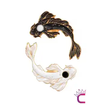 2li Siyah Beyaz Koi Balık Broş Seti - Hediyelik Erkek Kadın Unisex Ceket Yaka İğnesi Broş