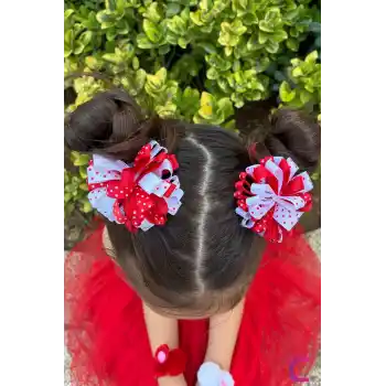 2li Yıldızlı Kırmızı Beyaz Kurdele Çiçekli 23 Nisan Pens Toka Seti - 29 Ekim Bayramı Saç Tokası