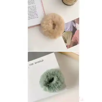 2li Yumuşak Tüylü Renkli Peluş Lastikli Simit Toka - Peluş Scrunchie Lastik Saç Tokası Renk-5