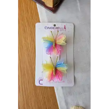 2li Zarif Gökkuşağı Renkli Tül Kelebek Toka Seti 5cm - Kız Çocuk Bebek Kelebekli Pens Saç Tokası