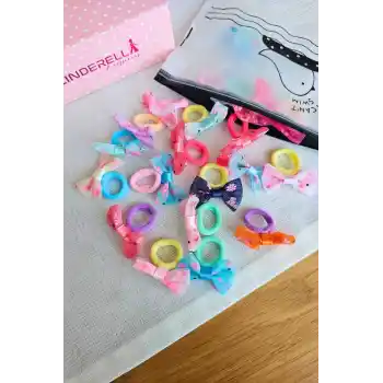 20li Çantalı Çiçekli Fiyonk Kız Bebek Yumuşak Havlu Lastik Toka Seti - Kurdeleli Çocuk Saç Tokası