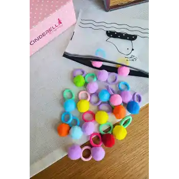 20li Çantalı Yumuşak Havlu Lastikli Renkli Ponponlu Kız Bebek Lastik Toka Seti - Çocuk Saç Tokası
