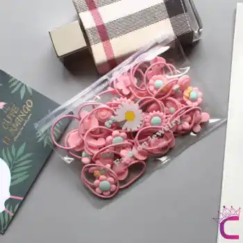 20li Esnek Kız Çocuk Lastik Toka Seti Pembe - Çiçek Kurdele Fiyonk Figür Lastikli Saç Tokası