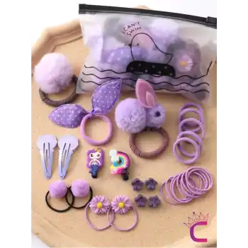 29lu Hediyelik Kız Bebek Toka Seti Lila Tonlu - Sevimli Çocuk Çıtçıtlı Pens Klips Lastik Saç Tokası