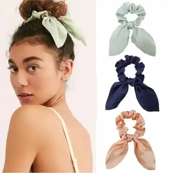 3lü Fular Scrunchie Fularlı Saç Lastiği - Kadın Fularlı Fiyonk Toka Lastikli Saç Tokası Renk-1