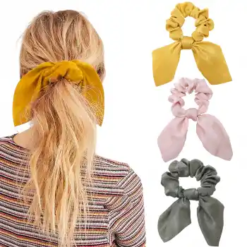3lü Fularlı Saç Lastiği - Scrunchie Kadın Fularlı Simit Toka Lastikli Saç Aksesuarı Renk-4