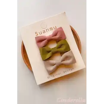 3lü Kadife Kumaşlı Kurdele Fiyonk Çocuk Toka Seti - Kız Çocuk Klips Pens Saç Tokası Model-1