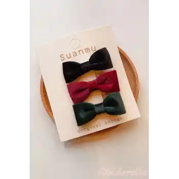 3lü Kadife Kumaşlı Kurdele Fiyonk Çocuk Toka Seti - Kız Çocuk Klips Pens Saç Tokası Model-3