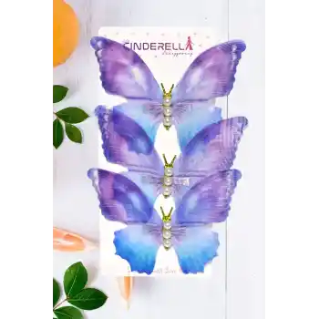 3lü Mor Degrade İncili Taşlı Tül Hareketli Kelebek Toka Seti 10cm - Büyük Boy Kelebekli Saç Tokası