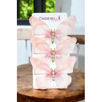 3lü Pembe Degrade İnci Taşlı Tül Hareketli Kelebek Toka Seti 10cm - Büyük Boy Kelebekli Saç Tokası