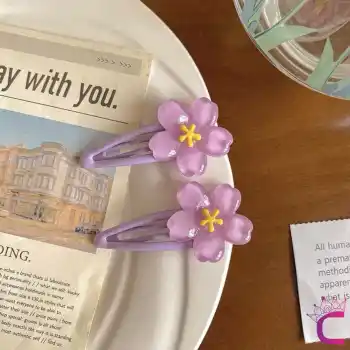 3lü Tatlı Lila Kiraz Çiçeği Çıtçıt Kız Çocuk Toka Seti 5cm - Yumuşak Çıt Çıt Yan Saç Tokası