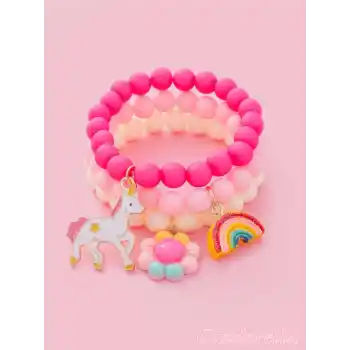 3lü Unicorn Boncuklu Charm Kız Çocuk Bileklik Seti