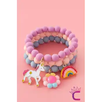 3lü Unicorn Çiçekli Boncuklu Charm Hediyelik Kız Çocuk Bileklik Seti Arkadaşa Doğum Günü Hediyesi