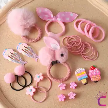 30lu Çantalı Pembe Tavşanlı Kız Bebek Çocuk Toka Seti - Hediyelik Çıtçıtlı Klips Lastik Saç Tokası