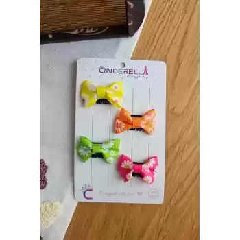 4lü Çiçekli Fiyonk Saçsız Kız Bebek Tokası 4cm - Kurdeleli Az Saçlı Yenidoğan Saç Toka Seti Klipsi