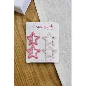 4lü Dökme Simli Pembe Tonlu Yıldız Çıtçıtlı Toka Seti - Renkli Kız Çocuk Metal Çıt Çıt Saç Tokası