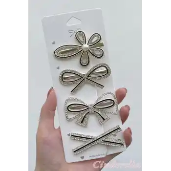 4lü Fiyonk Çiçek İnci Taşlı Toka Seti - Yeni Sezon Lüks Toka Seti