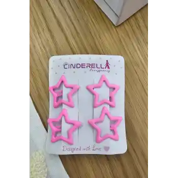 4lü Kaplamalı Mat Fuşya Renkli Yıldız Çıt Çıt Toka Seti - Kız Çocuk Yıldızlı Çıtçıt Yan Saç Tokası