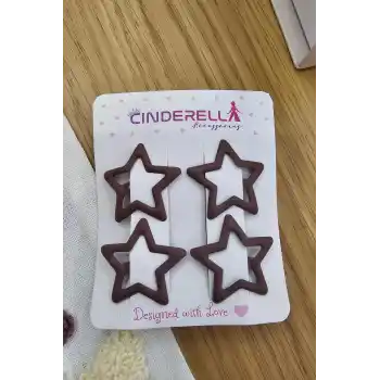 4lü Kaplamalı Mat Koyu Kahve Yıldızlı Çıtçıt Toka Seti - Kız Çocuk Yıldız Çıtçıtlı Yan Saç Tokası