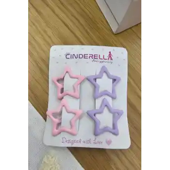 4lü Kaplamalı Mat Mor & Koyu Pembe Yıldızlı Çıtçıtlı Toka Seti - Kız Çocuk Yıldız Çıtçıt Saç Tokası