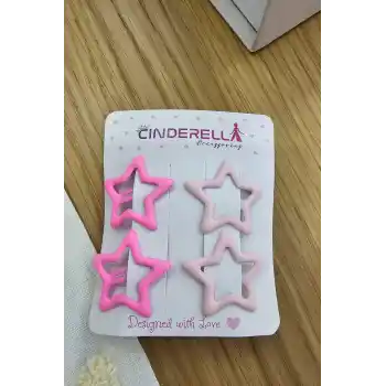 4lü Kaplamalı Mat Pembe & Fuşya Yıldızlı Çıtçıtlı Toka Seti - Kız Çocuk Yıldız Çıt Çıt Saç Tokası
