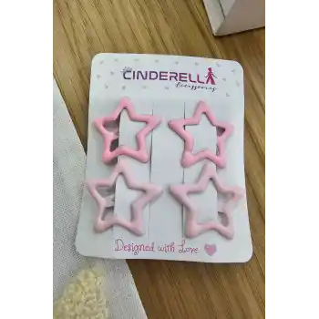 4lü Kaplamalı Mat Pembe & Koyu Pembe Yıldızlı Çıtçıtlı Toka Seti - Kız Çocuk Yıldız Yan Saç Tokası