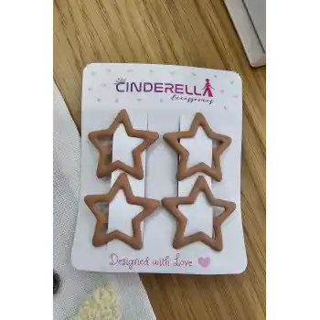 4lü Kaplamalı Mat Sütlü Kahve Yıldızlı Çıtçıtlı Toka Seti - Kız Çocuk Yıldız Çıt Çıt Yan Saç Tokası