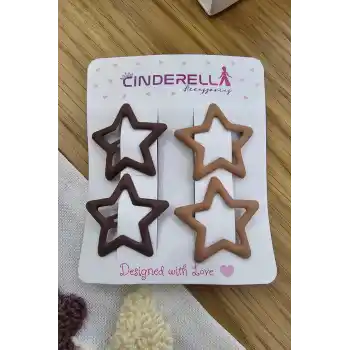 4lü Kaplamalı Mat Sütlü & Koyu Kahve Yıldızlı Çıtçıtlı Toka Seti - Çocuk Yıldız Çıtçıt Saç Tokası