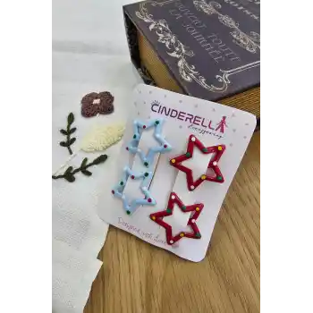 4lü Sevimli Noktalı Yıldız Çıtçıt Toka Seti Mavi Kırmızı - Yıldızlı Kız Çocuk Çıtçıtlı Saç Tokası