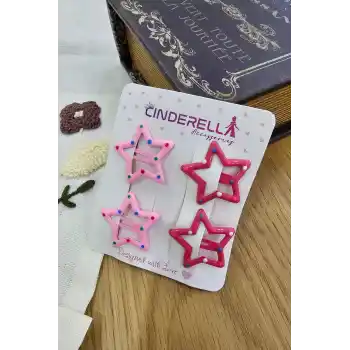 4lü Sevimli Noktalı Yıldız Çıtçıt Toka Seti Pembe Fuşya - Kız Çocuk Yıldızlı Çıtçıtlı Saç Tokası