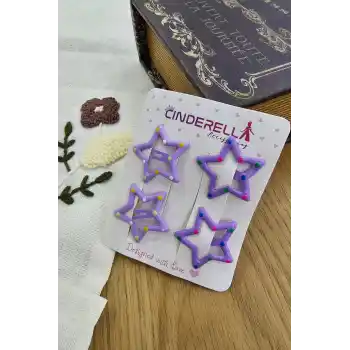 4lü Sevimli Noktalı Yıldızlı Çıtçıt Toka Seti Mor Lila - Renkli Yıldız Kız Çocuk Çıt Çıt Saç Tokası