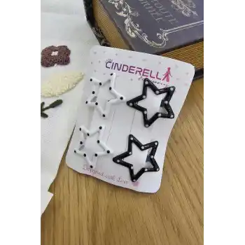 4lü Sevimli Noktalı Yıldızlı Çıtçıt Toka Seti Siyah & Beyaz - Renkli Kız Çocuk Çıtçıtlı Saç Tokası