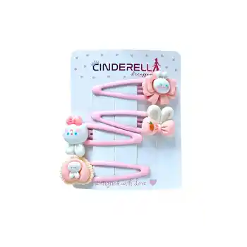 4lü Tavşanlı Kalpli Kurdele Fiyonk Model Çıtçıtlı Toka Seti Pembe - Metal Çıtçıt Yan Saç Tokası