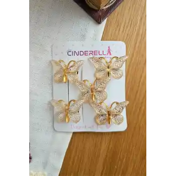 5li Beyaz Gold Detaylı Silikon Dolgu Kanatlı Kelebek Toka Seti - Kelebekli Mini Pens Saç Tokası