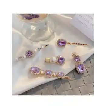 5li Kadın Eflatun Renkli İnci Taşlı Toka Seti - Lüks Yan Çıtçıt Klips Pens Toka Seti