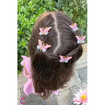 5li Pembe Mavi Degrade Kız Çocuk Kelebek Toka Seti - Dolgu Kanatlı Kelebekli Mini Pens Saç Tokası