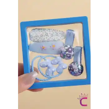 6lı Özel Hediyelik Kutulu Bebek Toka Seti Mavi - Kız Çocuk Lastikli Kurdele Çiçek Pens Saç Tokası