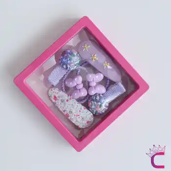 6lı Özel Hediyelik Kutulu Kız Bebek Toka Seti Mor - Yumuşak Astarlı Çocuk Fiyonk Lastik Saç Tokası